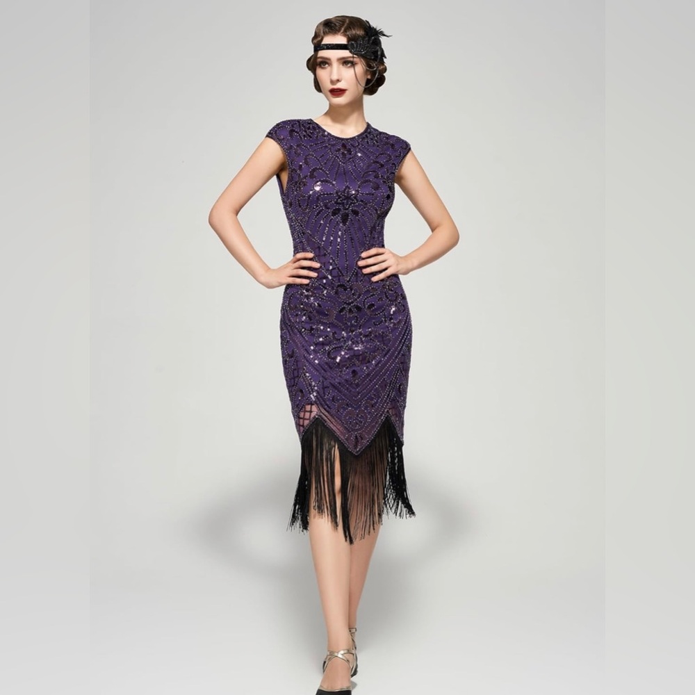 Elegant Purple Midi Dress with Fringe
